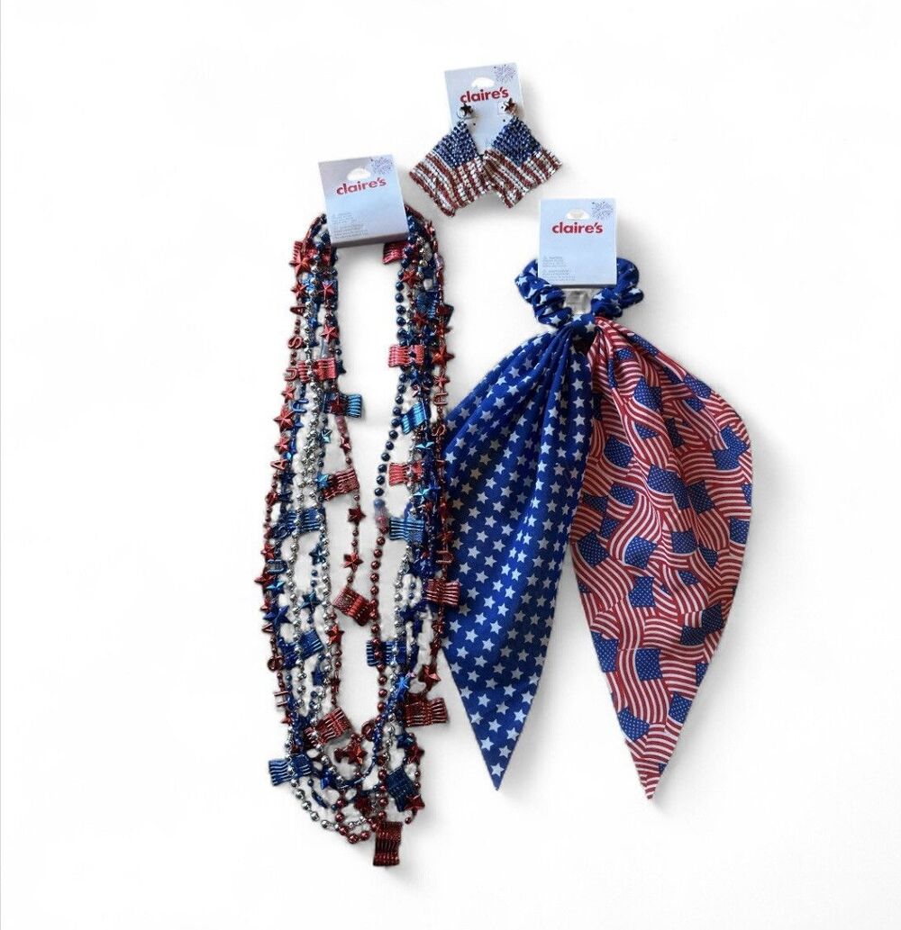 NWT Lot 3 Claire's Patriotic 4th of July Earrings 6 Necklaces Hair Bow NEW